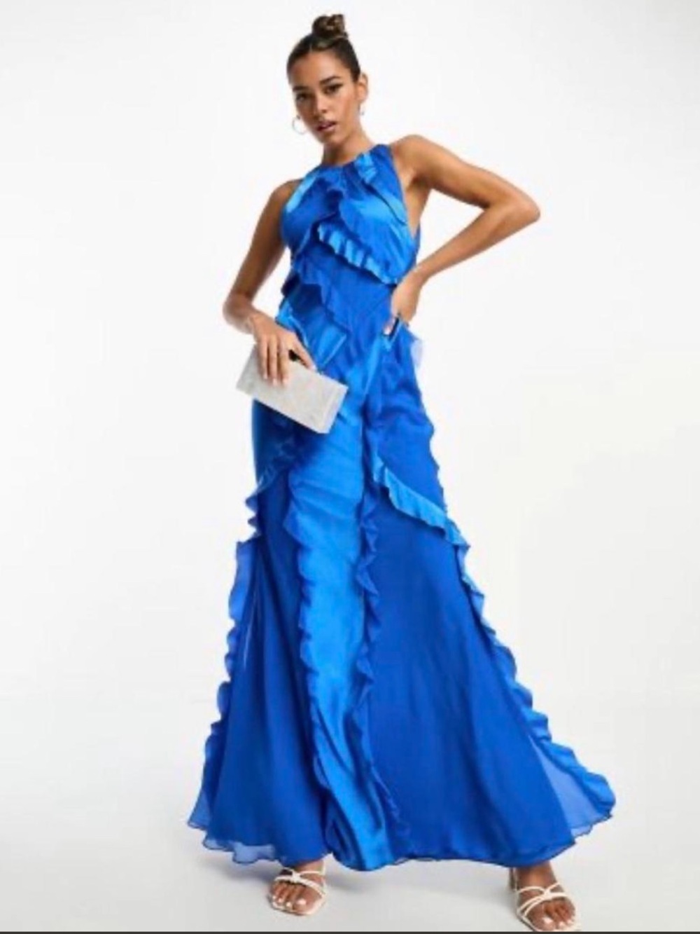 ASOS DESIGN Ruffle Satin Mix Racer Neck Maxi Cobalt Blue Dress size 12 NWOT